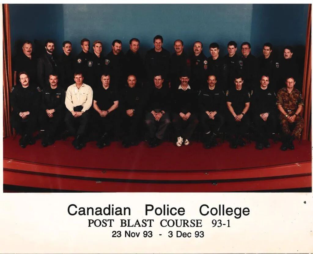 A photo from CPC Post Blast Course at the CPC in 1993. Yves can be seen in the front row, fifth from the left.